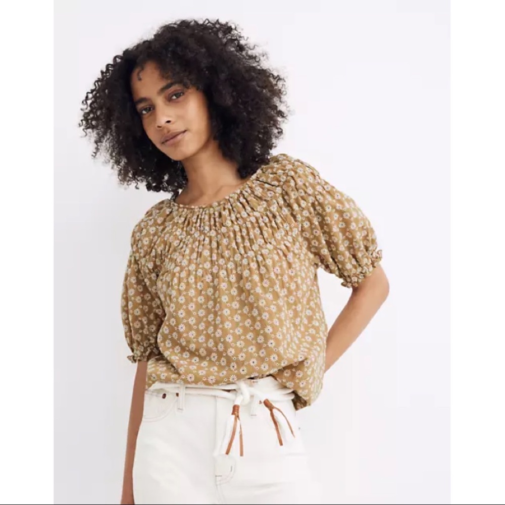 Madewell Daisy Embroidered Shirred Puff-Sleeve Top